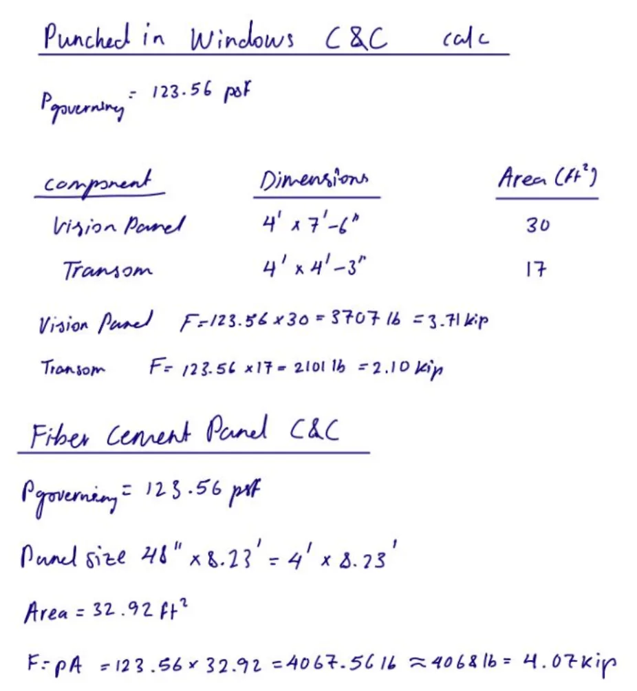 Handwritten components and cladding calculation for the punched windows and fiber cement panels